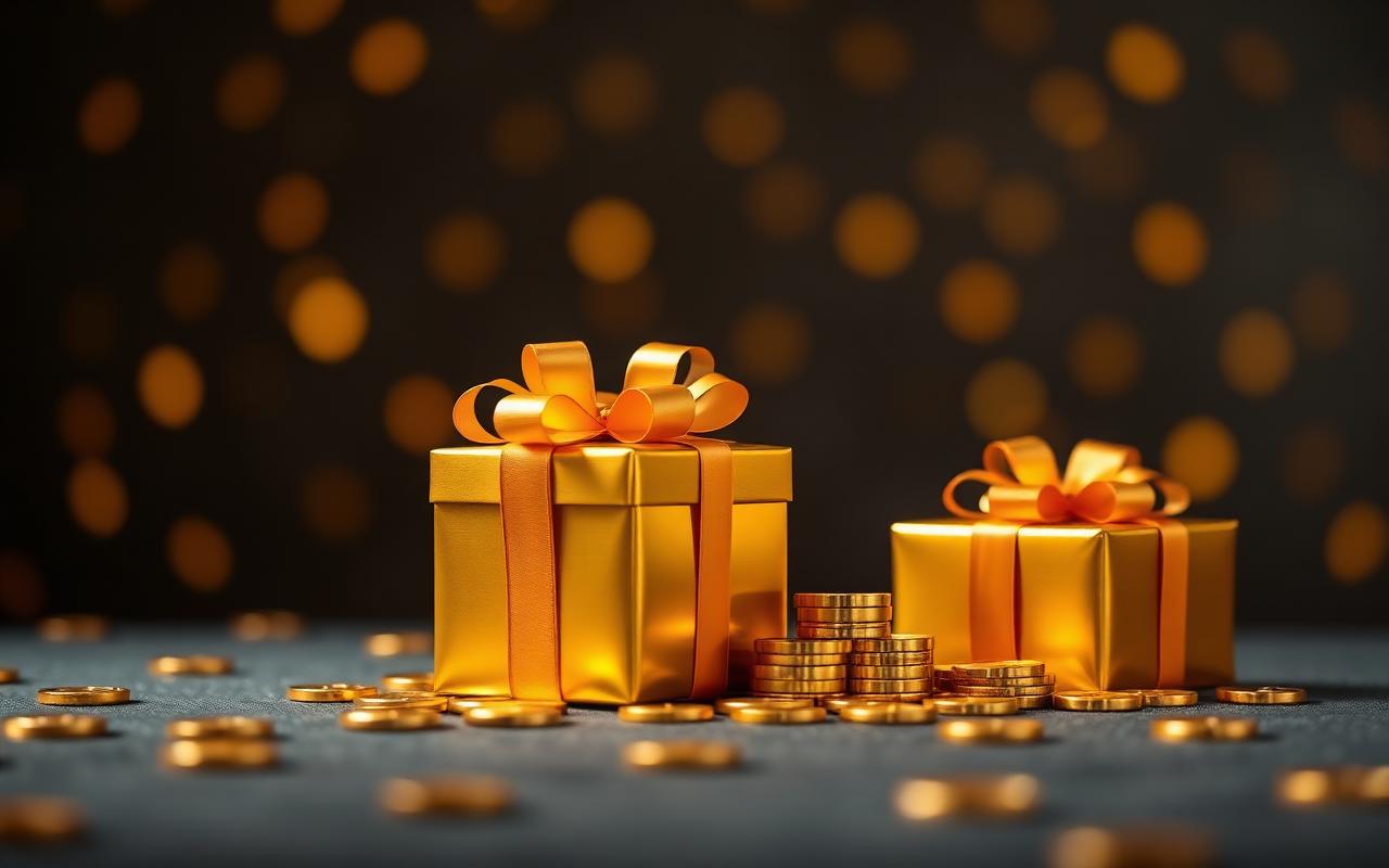 Golden gift boxes and coins representing SpinBoss promotions
