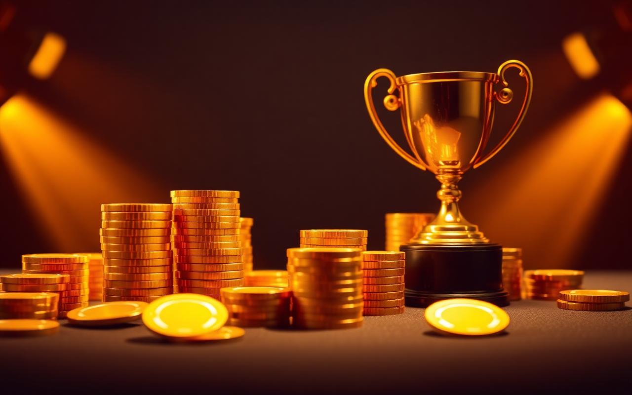 Stapels gouden chips en een trofee die SpinBoss beloningen voorstellen
