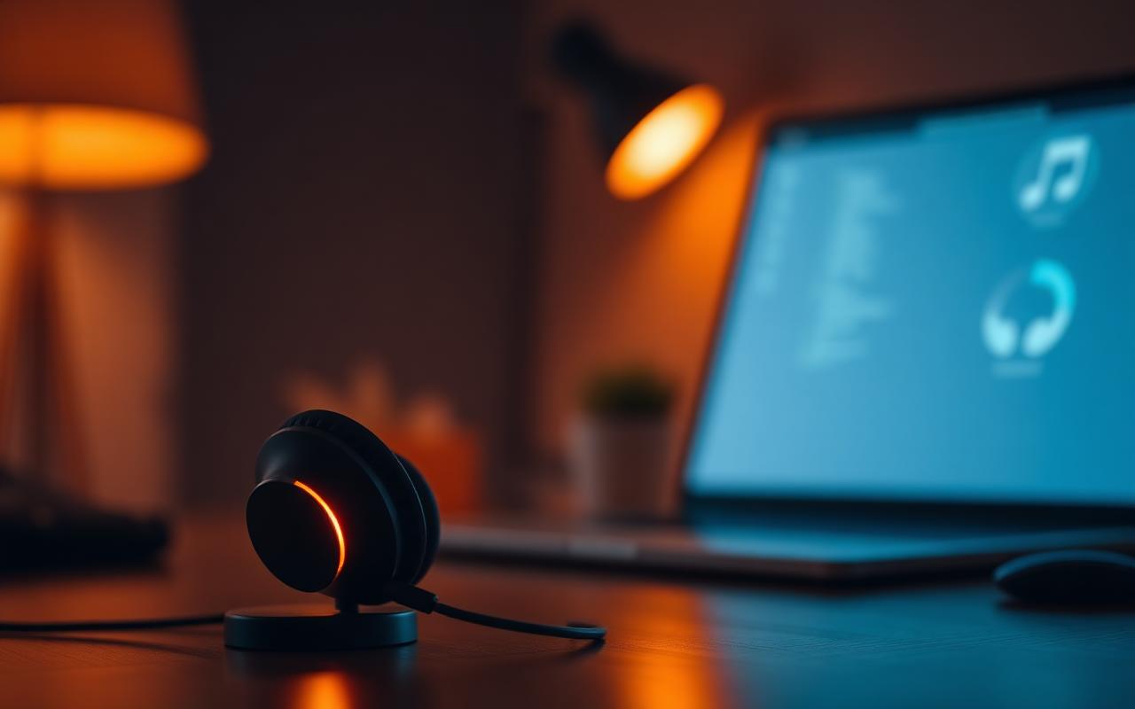 A warmly lit headset on a desk representing confidential support